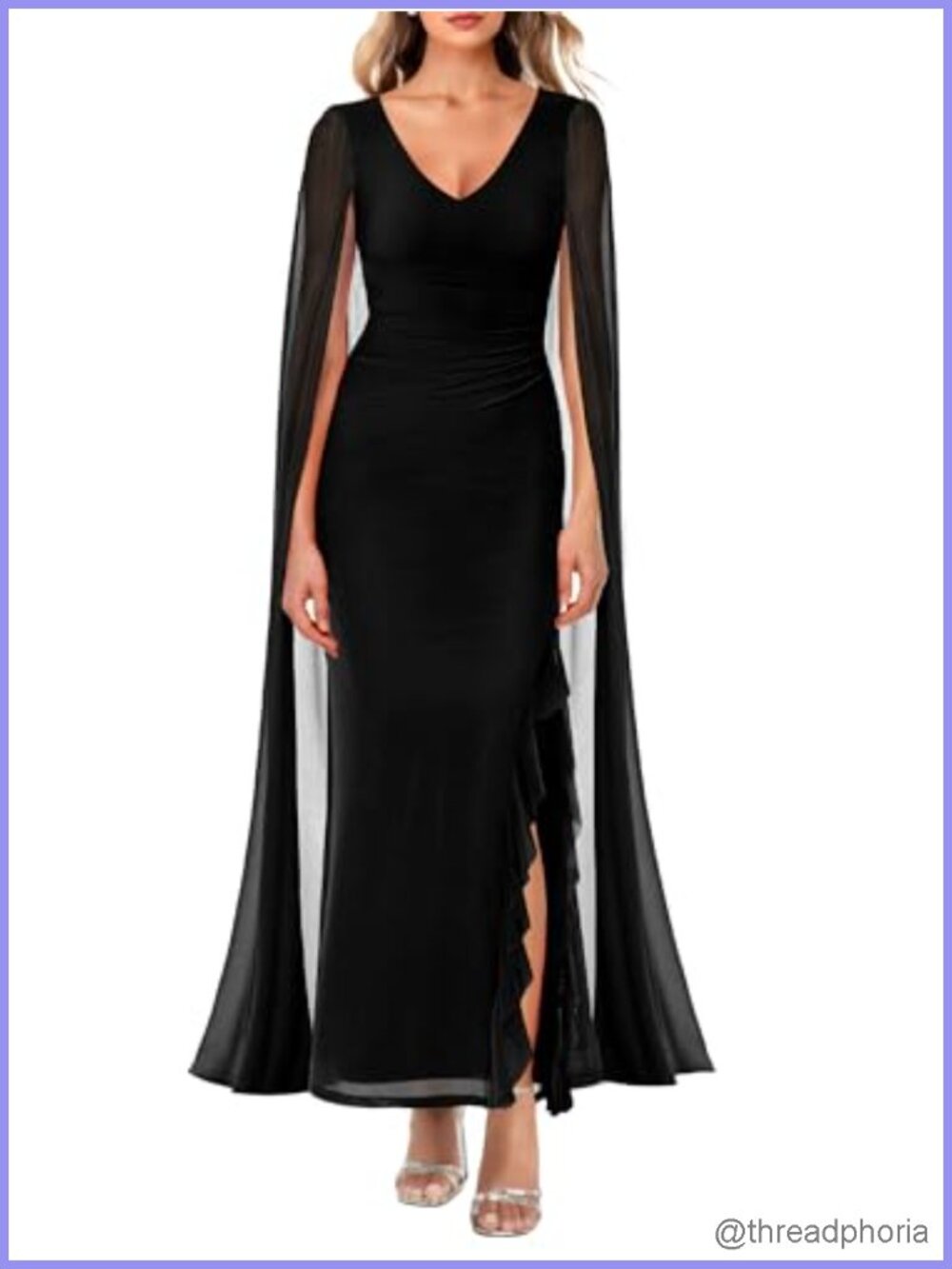 Women's Evening Gown V Neck High Split Maxi Dress with Cape Sleeve